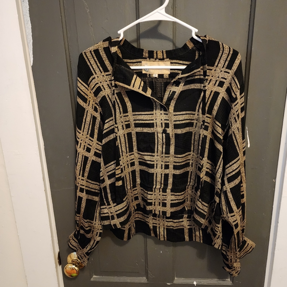 Pierre Cardin Black and Tan Checkered Blouse